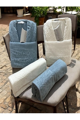 Banyo Çeyiz Seti, %100 Pamuk Bornoz Takımı, 8 Parça Aile Bornoz Seti, Havlu & Havlu Seti Mavi-krem Mavi