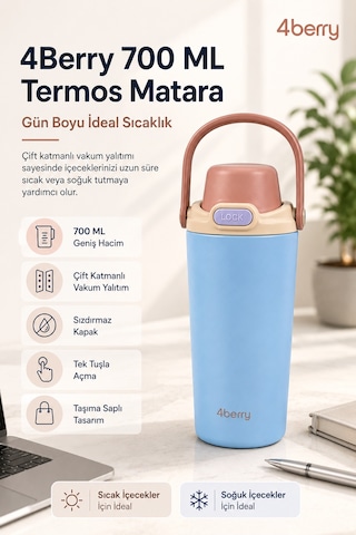 4berry 700 Ml Termos Matara Çift Cidarlı Vakum Yalıtımlı Sıcak Soğuk Tutan Sızdırmaz Kapaklı - Mavi