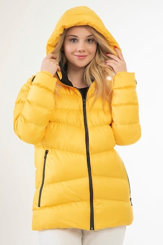 Kadın Sarı Kapüşonlu Içi Polarlı Kürklü Su Geçirmez Rüzgara Dayanıklı Şişme Mont Sarı