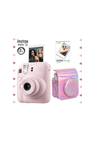 Fujifilm Instax Mini 12 Fotoğraf Makinesi + 10'lu Film + Parlak Kılıf Pembe
