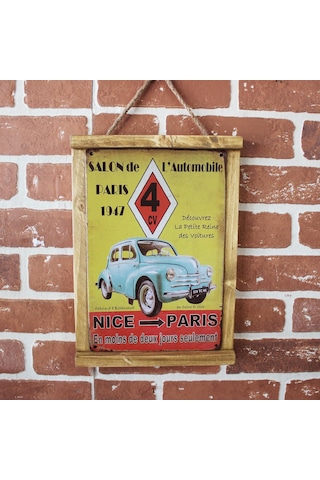 Rustik Ahşap Çerçeveli Vintage Metal Pano Nice Paris 20x30