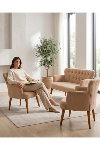 Babyface Kumaş Modern Çay Seti Koltuk Takımı 2+1+1 Ahşap Ceviz Ayak Cappucino Bej Cappuccino