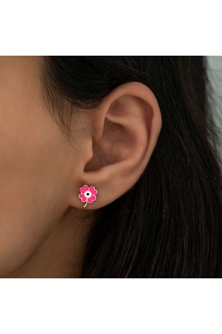 925 Ayar Gümüş Rose Kaplama Fosforlu Pembe Yonca Kadın Küpe Renkli