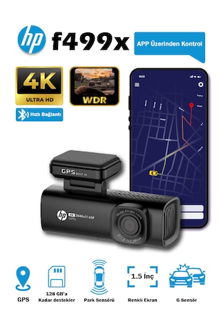 Hp F499x 4k Wdr, Araçiçi Kamera, 1.5 Inch Renkli Lcd Ekran, Gps Li, Wi-fi Destekli