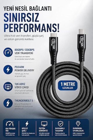 Coverzone Thunderbolt 5 Usb-c To Usb-c Kablo,ent 80gbps-120gbps Veri Transferi, Pd240w Power Delivery, 16k 60hz Video Çıkışı, E-marker Akıllı Çip, Thunderbolt 3/4/5 Uyumlu 1 Metre Zr1322 Siyah