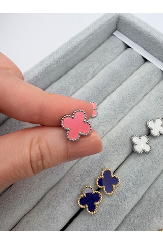 Çelik Yonca Küpe Renkli Mineli Gold Kadın Küpe 1 Cm Minimal Günlük Küpe Pembe
