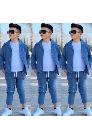 Modavals Kol Katlamalı Keten Gömlek & Beli Lastikli Keten Pantolon & Pamuklu Tshırt & Zincir Aksesuar 4lü Keten Erkek Çocuk Takım Mavi