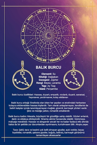 14 Ayar Altın Balık Burcu Kolye Ucu Burç Yıldız Haritası Sarı Altın