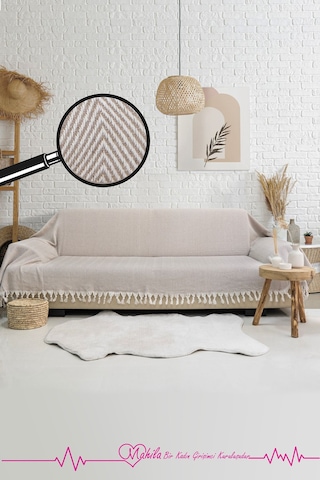 Klasik Pamuklu Koltuk Örtüsü 180x300 Cm Kolları Örten Balık Sırtı Desen Koltuk Örtüsü Bej
