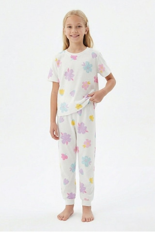 Zuzunga Pastel Renkli Çiçek Desenli Beyaz Kız Çocuk Pamuk Pijama Takımı