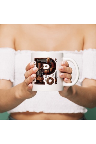 P Harfi Kovboy Temalı Bardak 330 Ml İsim / Harf Kişiye Özel Hediye - Vahşi Batı Konsept Beyaz