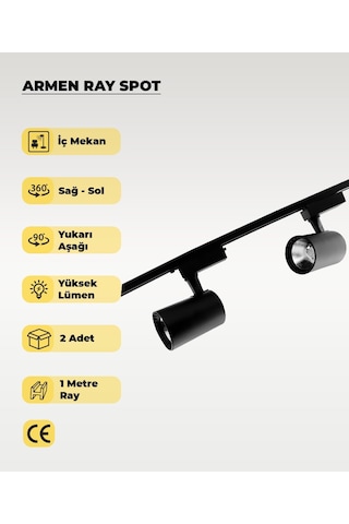 Armen 2 Adet Siyah Kasa Günışığı Ray Spot Set Ve 1 Metre Ray Set Siyah