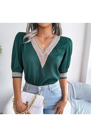 2023 Yaz Gevşek V Yaka Gömlek Bahar Kadın Zarif Dantel Şifon Yarım Kollu Bluz Casual Kazak Blusas Para Mujer Tops 25127 Yeşil
