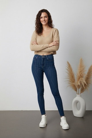 Kene Jeans Kadın Çapraz Taşlı Lacivert Kot Dar Paça Lacivert