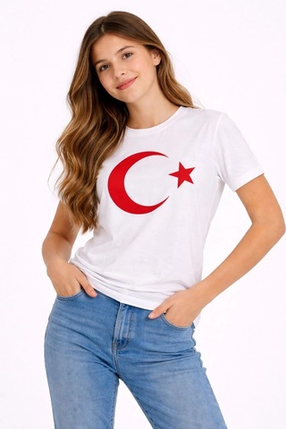 Primemağazam Kız Çocuk Tişört Bisiklet Yaka Ay Yıldız Bayrak Baskılı T-shirt - Beyaz Çeşitli