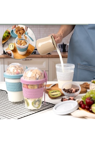 Eynel 1 Adet Take N Go Kaşıklı Hazneli Meyveli Yoğurt Kabı Piknik Iş Atıştırmalık Müsli Granola Süt Bardak Çok