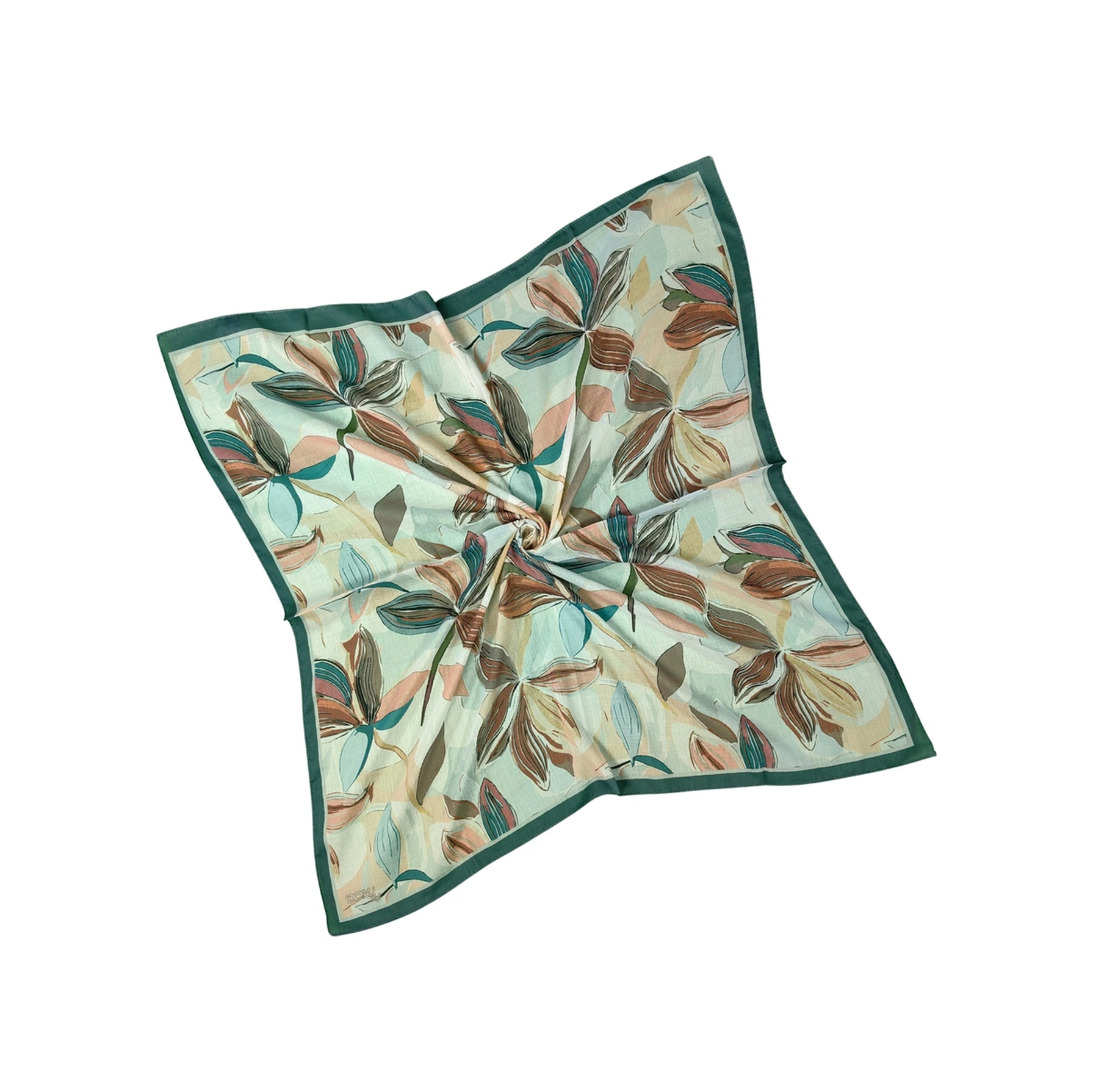 Mim Eşarp Ebruli Soft Pamuklu Çiçek Desenli Eşarp - 95x95 Cm Bej - Zümrüt