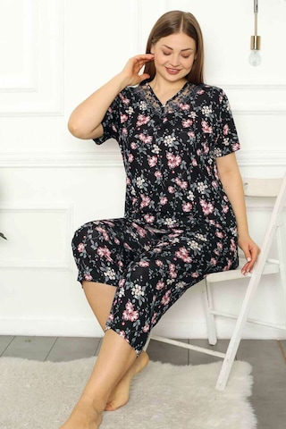 Alimer Kadın Siyah Büyük Beden Bermuda Viskon Pijama Takm 2708b-s Siyah