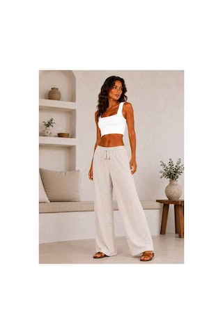 Hira Life Fashion Kadın Kumaşı Kabartma Detaylı Bol Paça Ve Önü Bağcıklı Salaş Burgu Şık Pantolon Bej Bej