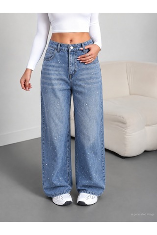 Bhrwear Kadın Yüksek Bel Taşlı Cep Detaylı Paçaya Doğru Genişleyen Kot Pantolon Renkli