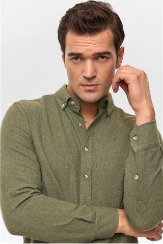 Haki Slim Düz Düğmeli Yaka Gömlek Haki