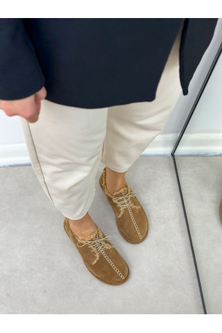 Erva'nın Butiği Camel Hakiki Deri Sorry İçi Peluş Bağcıklı Kadın Ayakkabı-6392