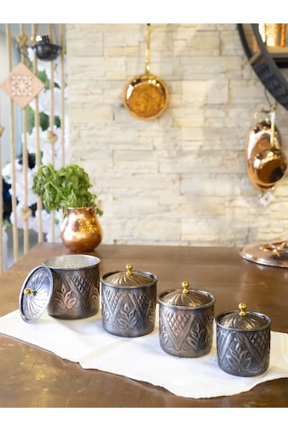 Bakır Baharat Takımı Desen Kakmalı Model Oksit Renk 4'lü Oksit Bakır