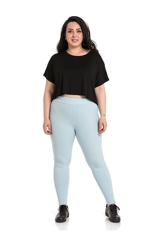 Büyük Beden Fitilli Beli Lastikli Bilekte Bebe Mavi Bayan Tayt