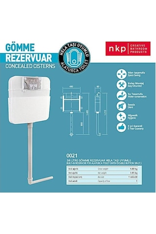 Nkp Gömme Rezervuar 3/6 Lt. 8 Cm. Mat Krom Buton. Hela Taşı Uyuml Beyaz - Mat Krom
