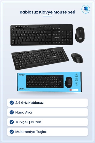 Mouse Klavye Seti Kablosuz Multimedya Siyah Q Düzen 2.4 Ghz Nano Optik