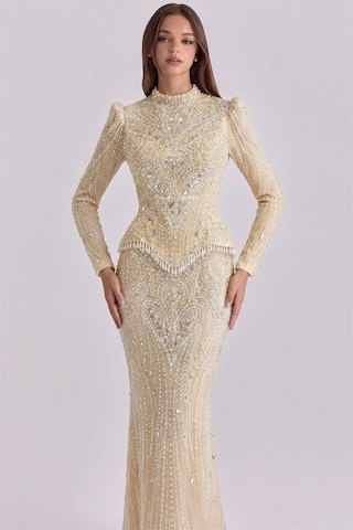 Olcay Pul Ve İnci Desenli Exclusive Tesettür Abiye Elbise Krem 1083