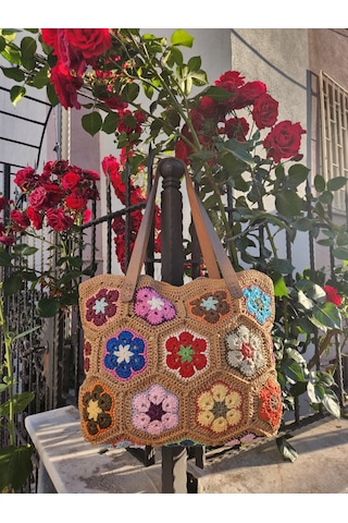 Fikriharika Design El Yapımı Renkli Afrika Çiçeği Motifli Kağıt İp Omuz Çantası Astarlı Ve Cepli, Bohem Tasarım Çok renkli