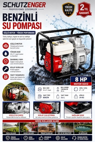 8 Hp 2 Inç Çıkışlı Benzinli Su Pompası 200 Mt Yatay Su Basar 4 Zamanlı Motor Turbo Güç Kırmızı 6011