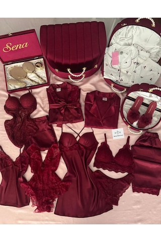 Mh Moony Homewears İsme Özel 23 Parça Lüks Gizem Bordo Bohça Çeyiz Seti Harika Bordo