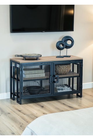 Dekoratif Metal Gövdeli Ahşap Raflı Tv Ünitesi 3 Raflı 2 Kapaklı Tv Sehpası 90 X 30 Cm Televizyon Ünitesi Siyah