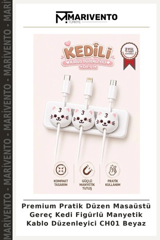 Premium Pratik Düzen Masaüstü Gereç Kedi Figürlü Manyetik Kablo Düzenleyici Ch01 Beyaz