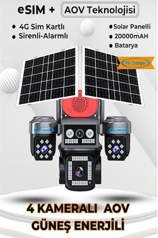 4 Kameralı E-sım Güneş Enerjili Güvenlik Kamerası Çift Güneş Pa