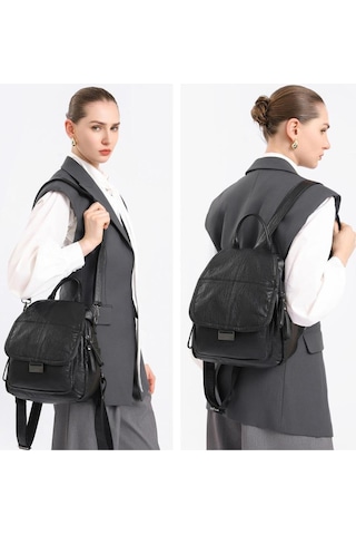 Yıkama Deri Sırt Askılı Kadın Çantası 21-k Barcelona 1908 Siyah