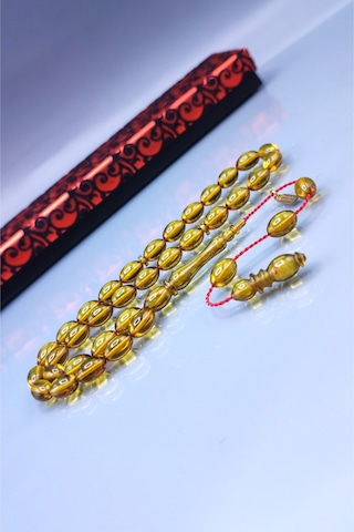 7 x 11 MM Mustafa Uysal İmzalı Altın Rengi Ateşi Kehribar Tesbih