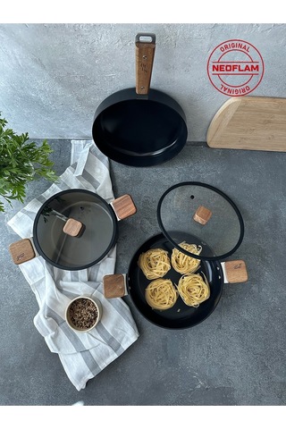 Neoflam Bien Black 5 Parça Indüksiyonlu Tencere Tava Seti, Akasya Ağacı Sap Ve Kulplu