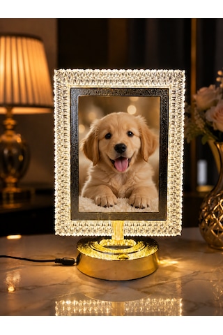 Kişiye Özel Fotoğraflı Kristal Dikdörtgen Çerçeveli Led Masa Lambası-gold Tabanlı 13x18 Cm Dekoratif Hediye