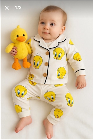 Minipanda Kız Erkek Unisex Lüx Alt-üst 2 Parça Desenleri Canlı Pamuklu Pijama Takımı Ekru Tweety Desenli