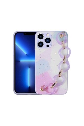 Apple Uyumlu iPhone 13 Pro Kılıf Simli Desenli El Askılı Tutacaklı Zore Elsa Silikon Kapak Lila