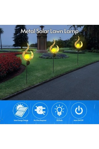 Moly Mavi Alev Desenli Güneş Enerjili Bahçe Lambası - Su Geçirmez Metal Tabanlı Işık - Altın/mavi Mavi