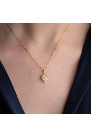 925 Ayar Gümüş Taşlı Bombeli Kalp Kolye Gold