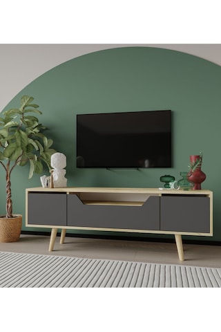 Roma Ahşap Ayaklı Tv Ünitesi Tv Sehpası Safir Meşe - Antrasit 150 Cm