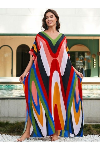 Edolynsa Büyük Beden Kaftan Turuncu Siyah Kırmızı Çizgili Yaz Uzun Plaj Gömlek Elbise Kadın Ev Giyim Kıyafeti Mayo Örtü Bol Kaftan Çok Renkli