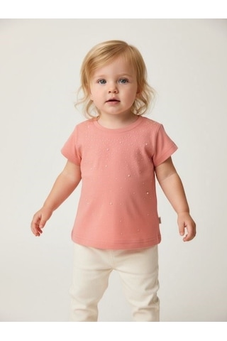 Zekids Kız Bebek İnci Detaylı Kısa Kollu T-shirt-16934 Pembe