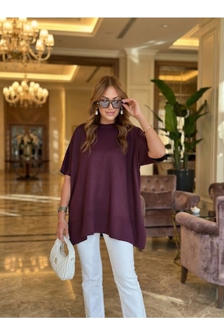 Zennamoda Kadın Bisiklet Yaka Kısa Yarasa Kollu Yanları Yırtmaçlı Oversize Dökümlü Merserize Bluz Bordo