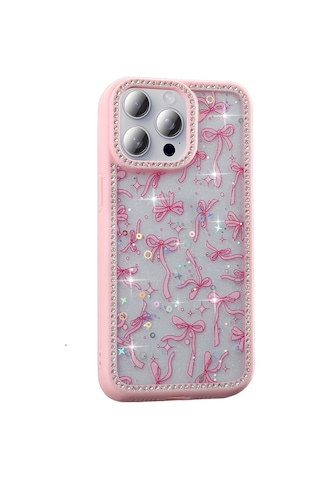 Apple Uyumlu iPhone 15 Pro Kılıf Taşlı Ve Simli Tasarım Zore Azra Kapak Pembe